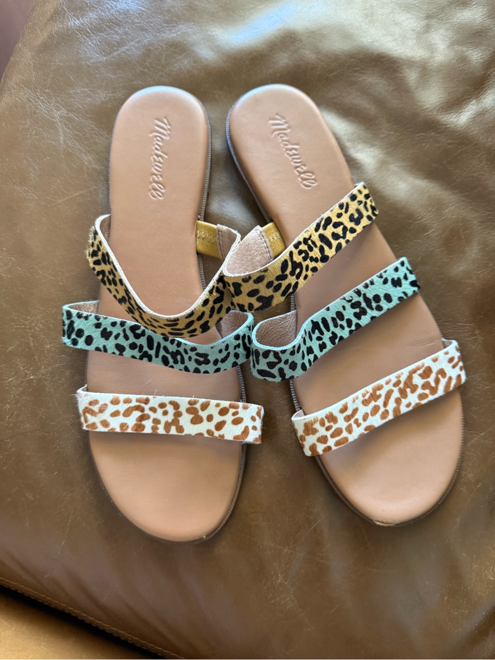 Madewell Leopard-Print Triple-Strap Slide Sandals in Tan, Mint & Yellow